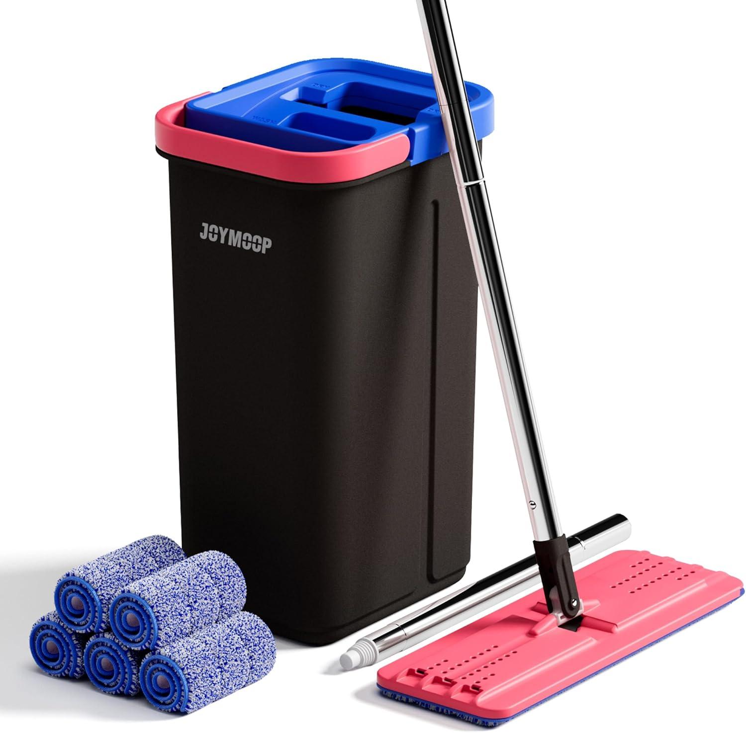 imageJOYMOOP Microfiber Flat Mop and Bucket System Mops for Floor Cleaning and Wall Cleaner Hardwood Tile Laminate Vinyl Floors Smooth Walls and Glass Windows 50quot Flat Mop1 Microfiber PadWhiteBlack Red Slate Blue