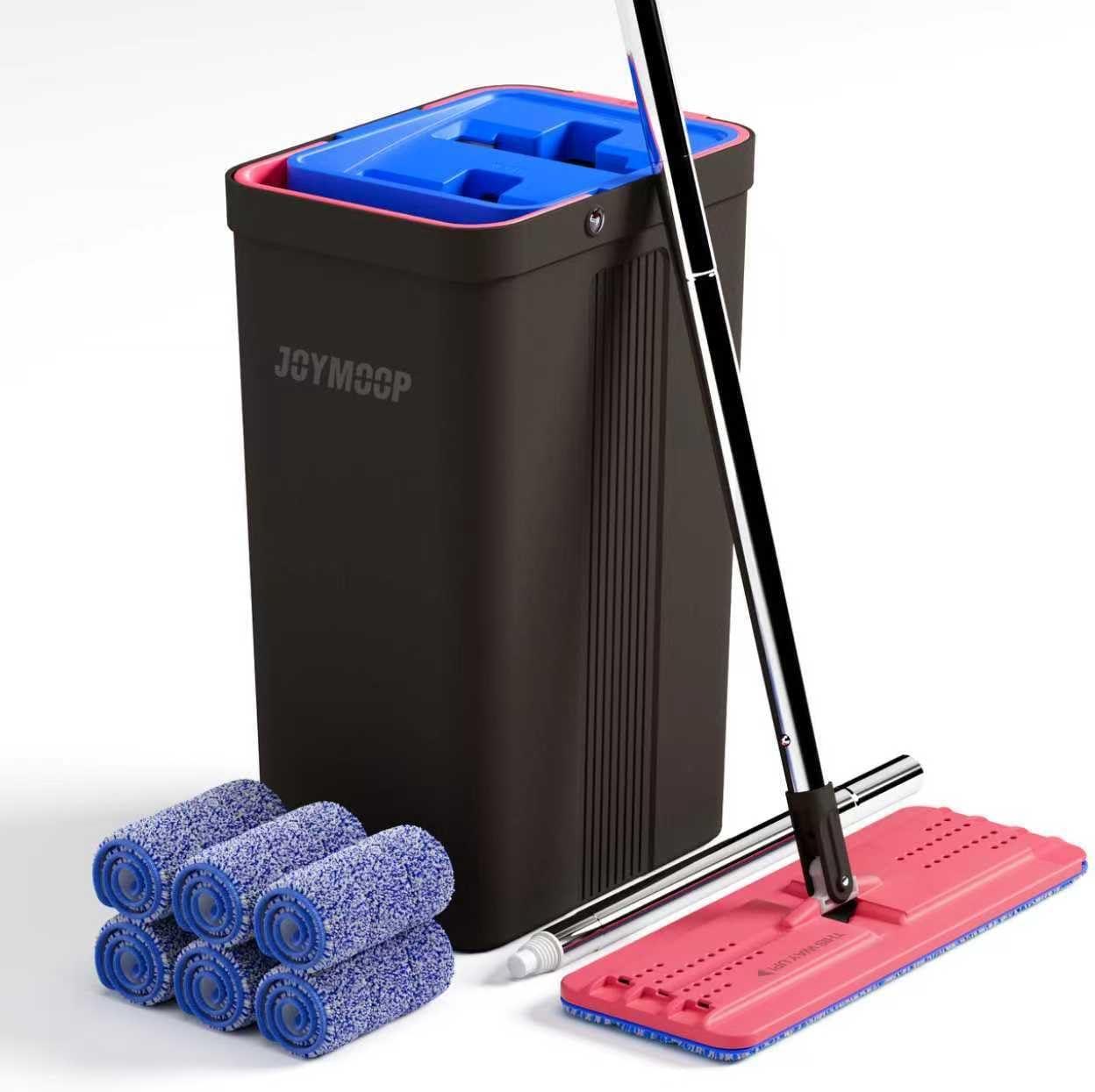 imageJOYMOOP Mop and Bucket with Wringer Set Hands Free Flat Floor Mop and Bucket with 4 Washable Microfiber Pads Wet and Dry Use Floor Cleaning System BlackRedSlate BlueBlack Red Slate Blue