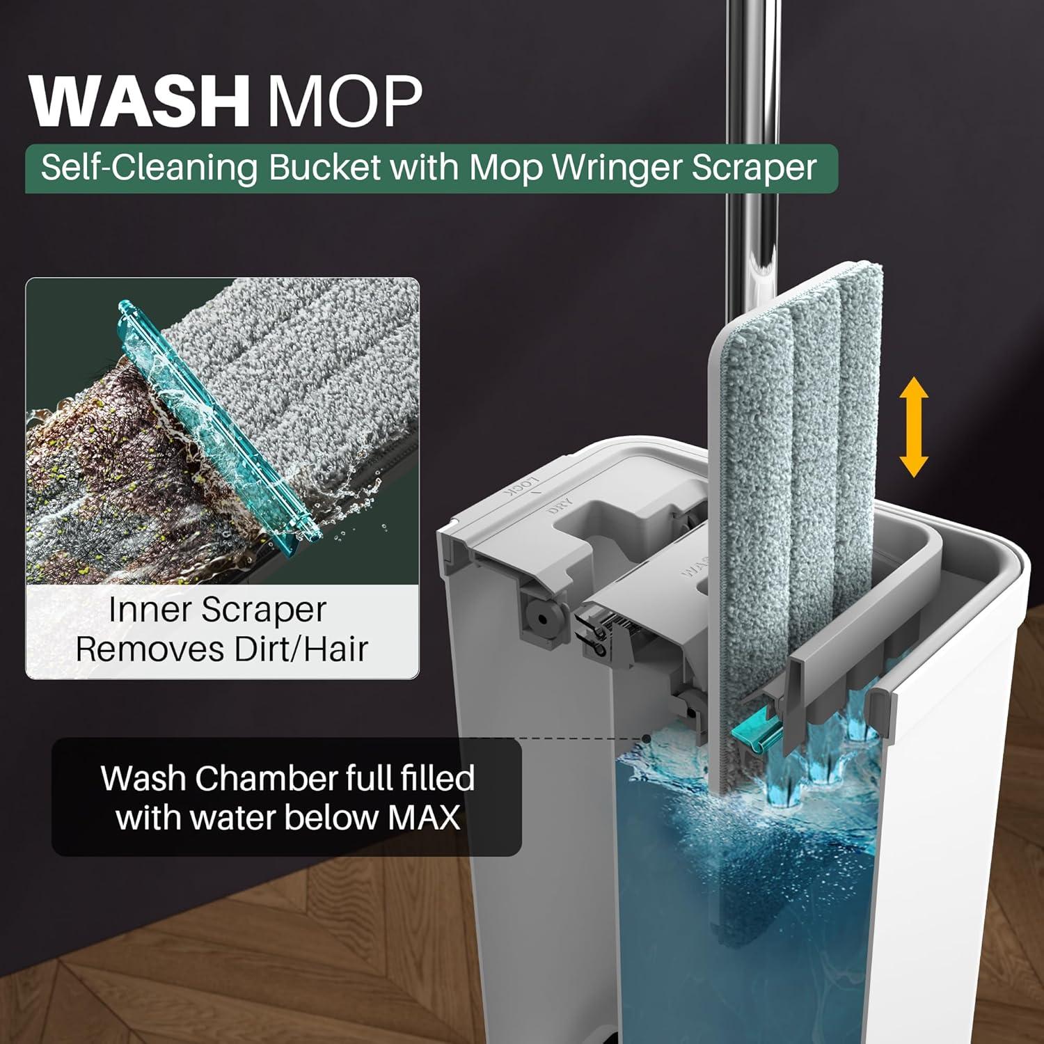 imageJOYMOOP Mop and Bucket with Wringer Set with 61quot Mop Handle with Flexible 13quot Flat Head with 10 pcs Microfiber Mop Pads White