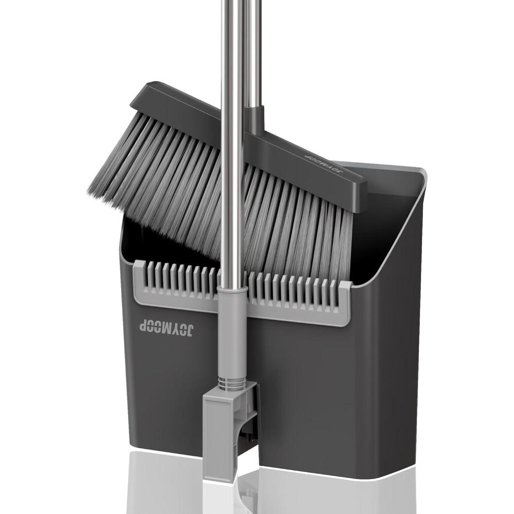 imageJOYMOOP Black Broom and Dustpan Set Upright Angle Design with Builtin Comb Teeth for Home Office Hardwood Floors Pet HairBlack Grey