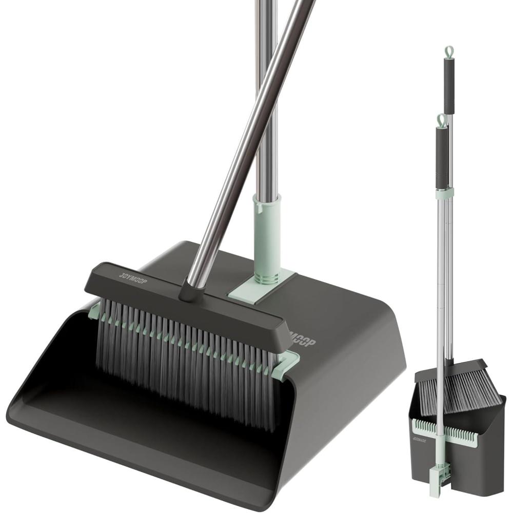 imageJOYMOOP Black Broom and Dustpan Set Upright Angle Design with Builtin Comb Teeth for Home Office Hardwood Floors Pet HairBlack Light Green