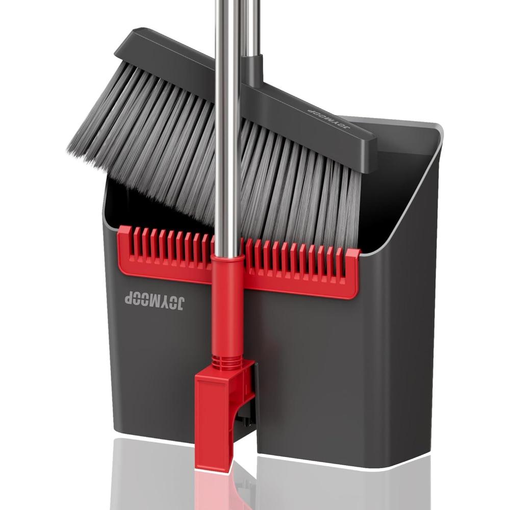 imageJOYMOOP Black Broom and Dustpan Set Upright Angle Design with Builtin Comb Teeth for Home Office Hardwood Floors Pet HairBlack Red