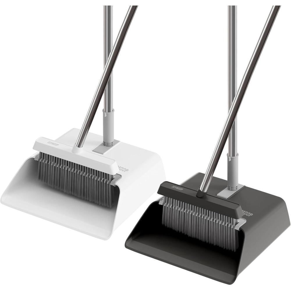 imageJOYMOOP Black Broom and Dustpan Set Upright Angle Design with Builtin Comb Teeth for Home Office Hardwood Floors Pet HairBlack White