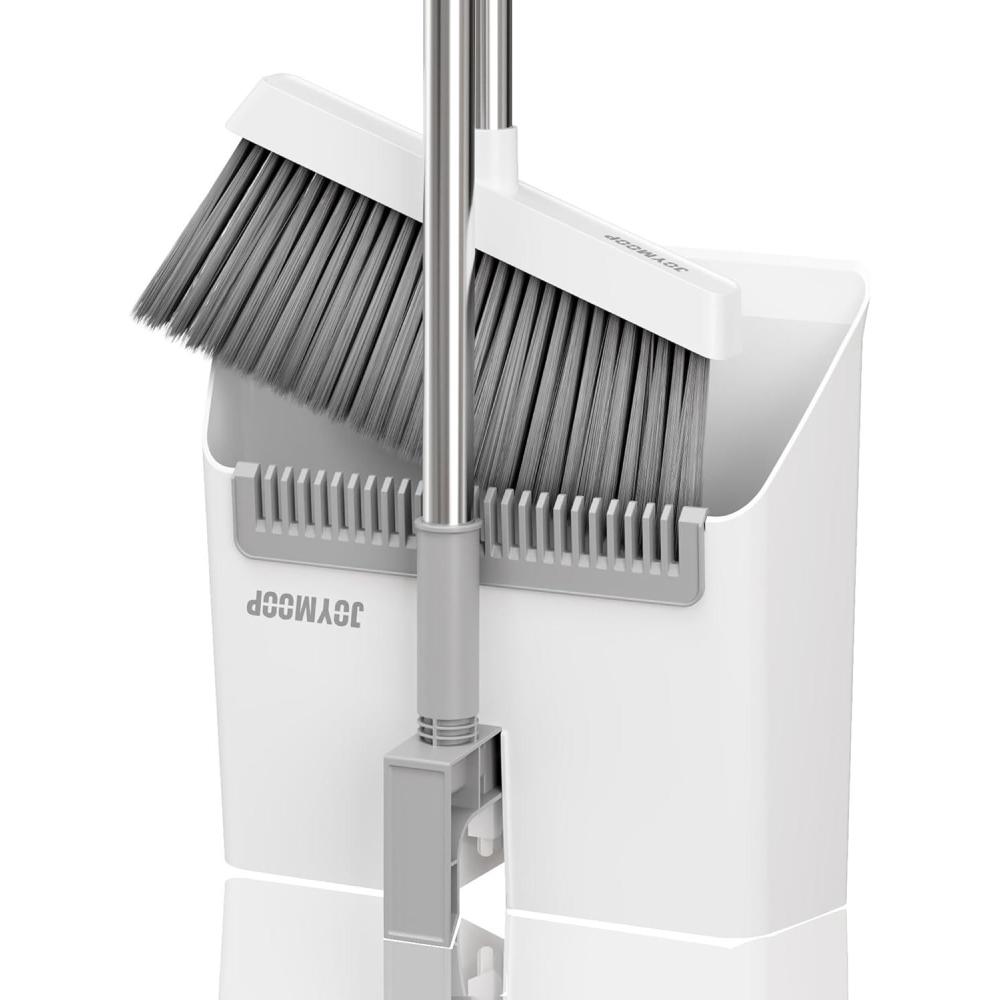 imageJOYMOOP Black Broom and Dustpan Set Upright Angle Design with Builtin Comb Teeth for Home Office Hardwood Floors Pet HairWhite Grey
