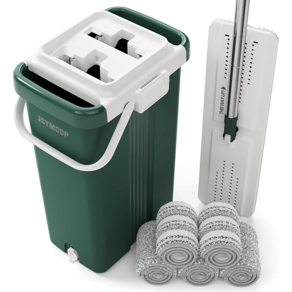 imageJOYMOOP Commercial Mop and Bucket Set 177inch Dust Mops for Floor Cleaning Flat Mop Bucket with Wringer Include 3 Reusable Microfiber Mop Pads  Forest Green177 Mophead  60 Mop5 Mop Pads