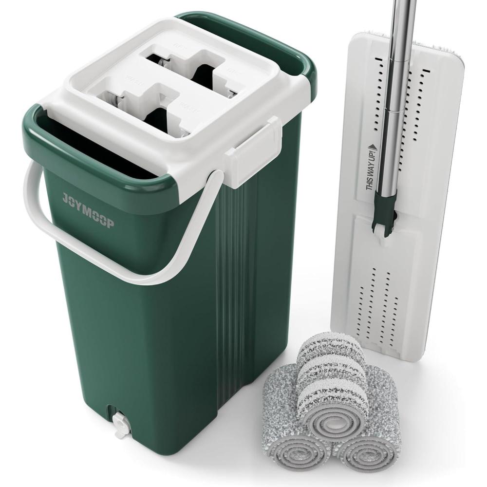 imageJOYMOOP Commercial Mop and Bucket Set 177inch Dust Mops for Floor Cleaning Flat Mop Bucket with Wringer Include 3 Reusable Microfiber Mop Pads Forest Green177 Mophead 60 Mop3 Mop Pads