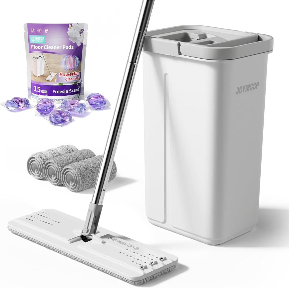 imageJOYMOOP Complete Floor Cleaning Bundle Mop and Bucket Set with Wringer with 3 Washable Microfiber Pads and 15 Freesia Scented Cleaner Pods  HandsFree WetDry Floor Cleaning System