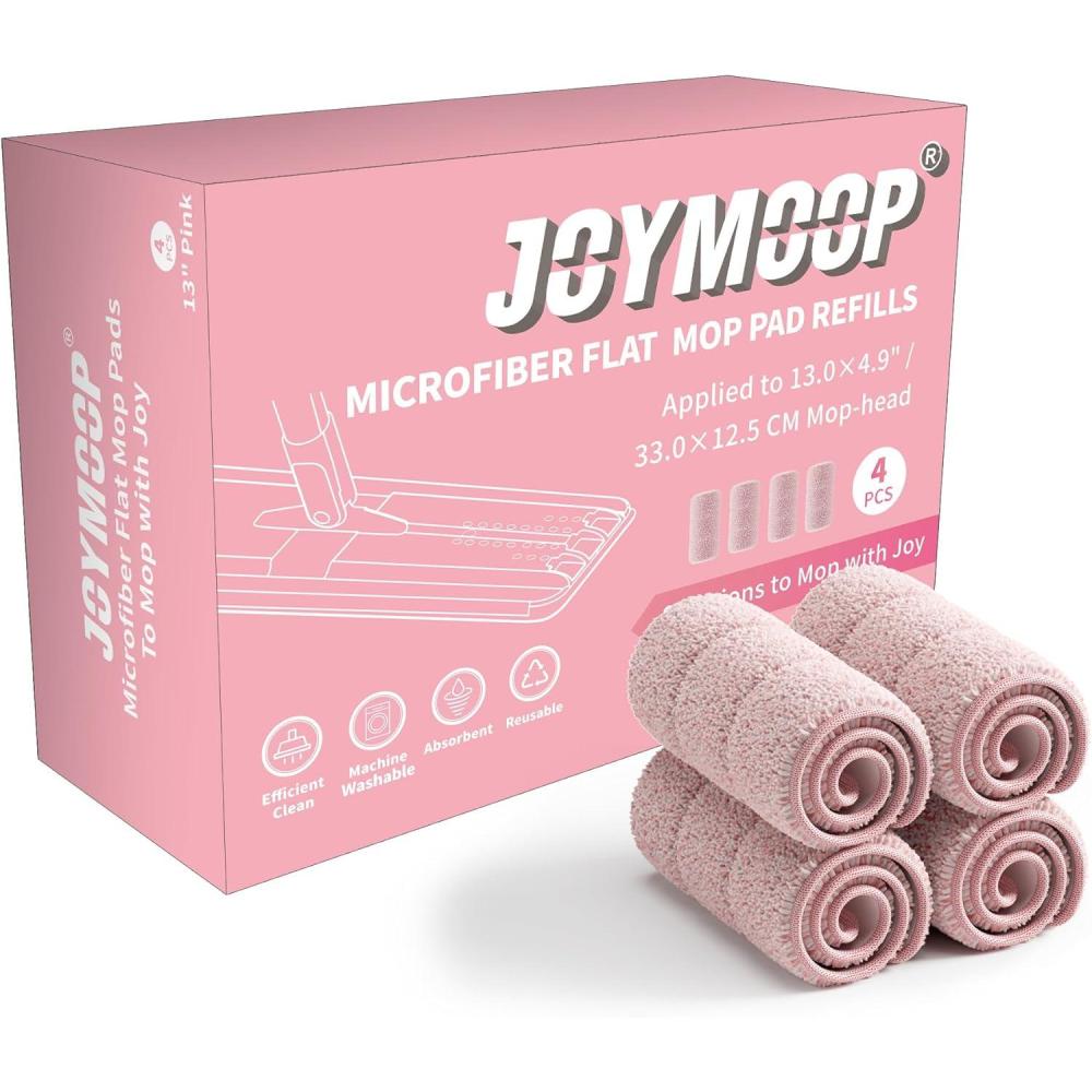 imageJOYMOOP Flat Mop Pads Microfiber Mop Cleaning Pads Washable Pads Pads Replacement for Flat Mop or Mop Bucket Set Pack of 4 Refills 13inch Pink
