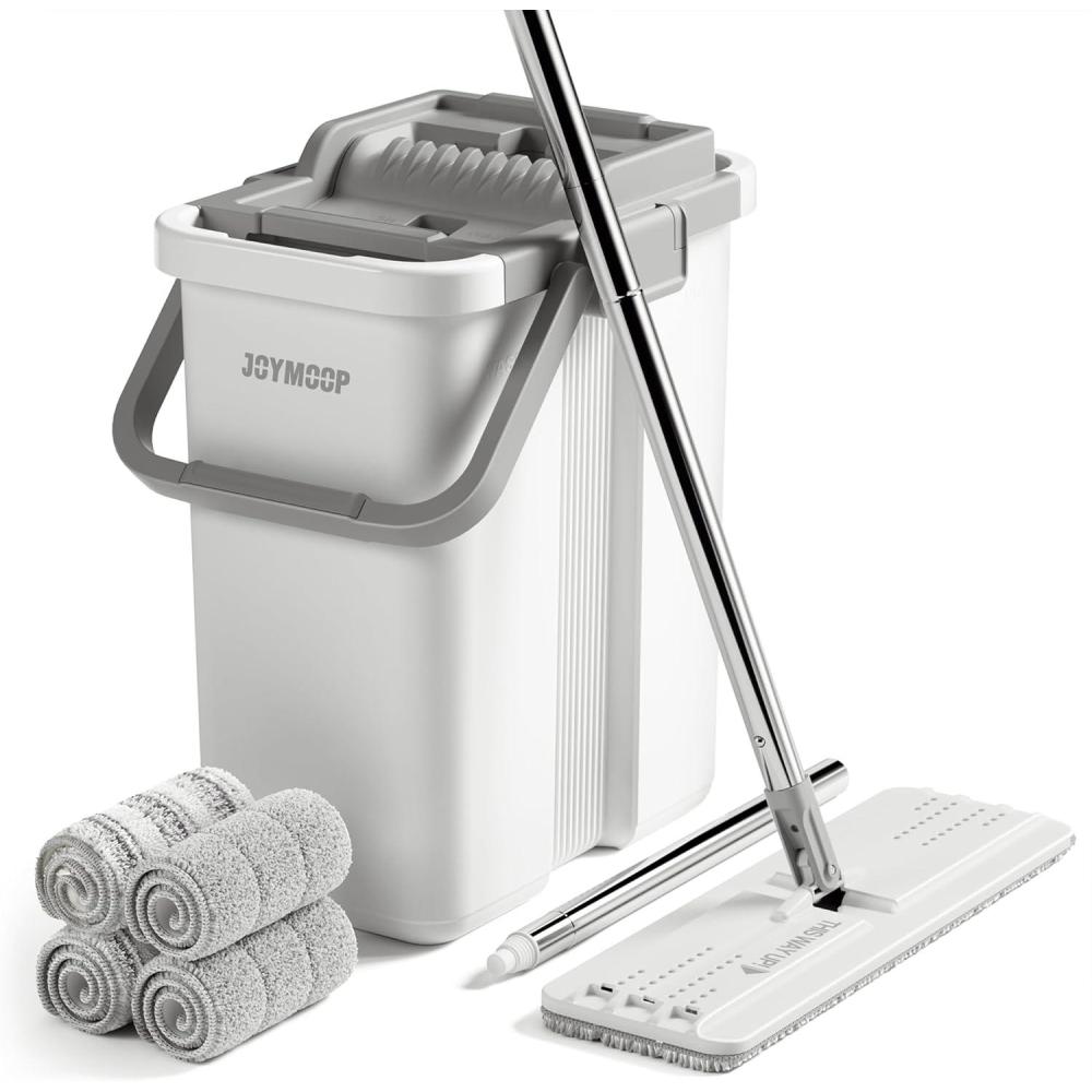 imageJOYMOOP Mop and Bucket Set with Wringer Dust Mops for Floor Cleaning Wall Cleaner with Long HandleWet and Dry Use  8 Microfiber Mop PadsLarge White Bucket 2  60 Flat Mop  4 Pads