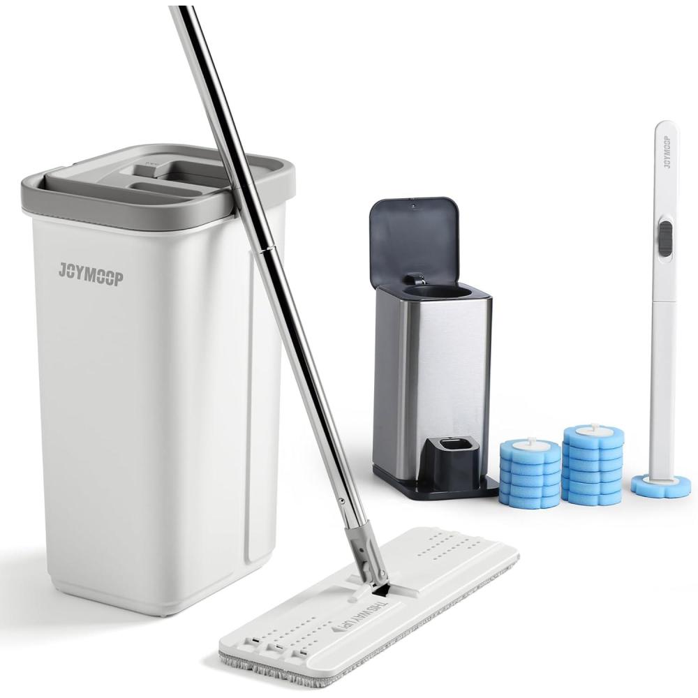 imageJOYMOOP Mop and Bucket Set with Wringer Dust Mops for Floor Cleaning Wall Cleaner with Long HandleWet and Dry Use 8 Microfiber Mop PadsMiddle Bucket 13 50 Flat Mop Toilet Brush