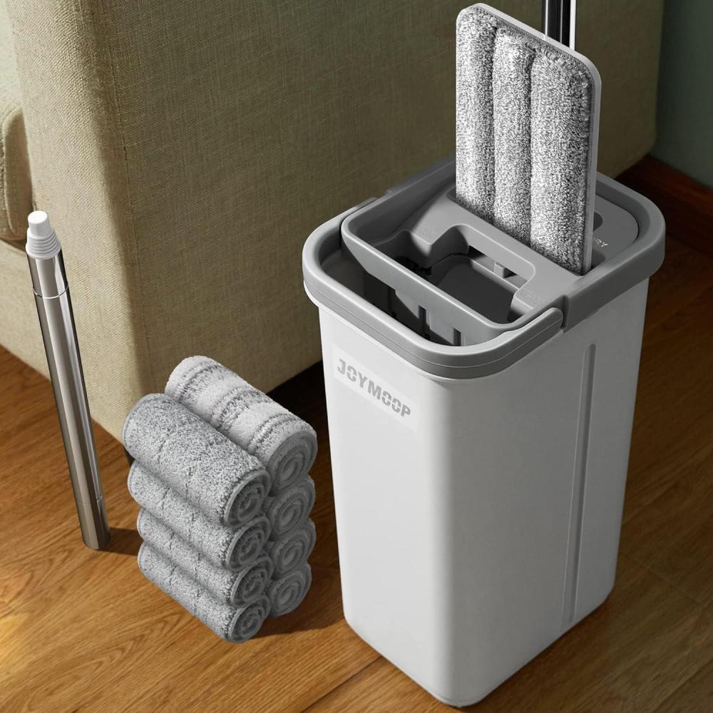 imageJOYMOOP Mop and Bucket Set with Wringer Dust Mops for Floor Cleaning Wall Cleaner with Long HandleWet and Dry Use 8 Microfiber Mop PadsMiddle White Bucket 13 60 Flat Mop 8 Pads