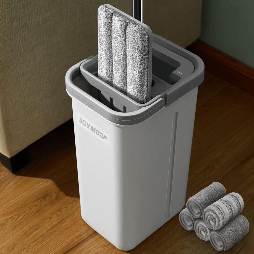 imageJOYMOOP Mop and Bucket Set with Wringer Dust Mops for Floor Cleaning Wall Cleaner with Long HandleWet and Dry Use 8 Microfiber Mop PadsMiddle White Bucket 13 50 Flat Mop 5 Pads