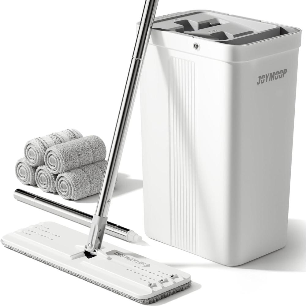 imageJOYMOOP Mop and Bucket Set with Wringer Dust Mops for Floor Cleaning Wall Cleaner with Long HandleWet and Dry Use 8 Microfiber Mop PadsWhite Bucket 2124 60 Flat Mop 5 Pads