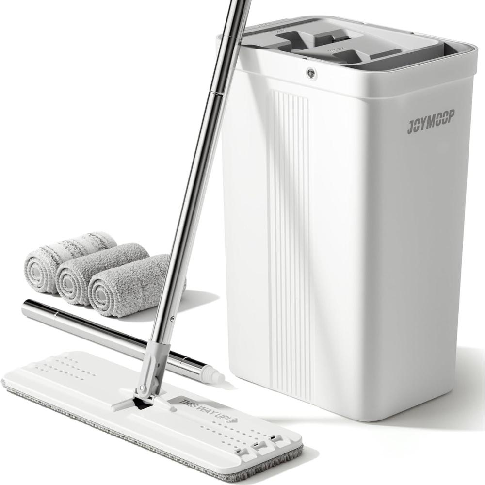 imageJOYMOOP Mop and Bucket Set with Wringer Dust Mops for Floor Cleaning Wall Cleaner with Long HandleWet and Dry Use 8 Microfiber Mop PadsWhite Bucket 2124 60 Flat Mop 3 Pads