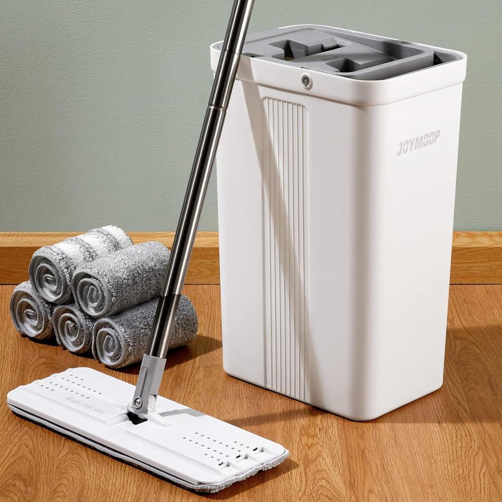 imageJOYMOOP Mop and Bucket Set with Wringer Dust Mops for Floor Cleaning Wall Cleaner with Long HandleWet and Dry Use 8 Microfiber Mop PadsWhite Bucket 2124 50 Flat Mop 5 Pads
