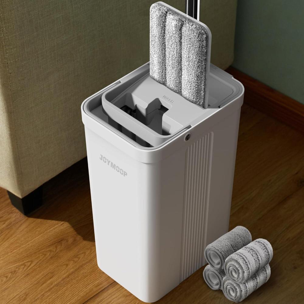 imageJOYMOOP Mop and Bucket Set with Wringer Dust Mops for Floor Cleaning Wall Cleaner with Long HandleWet and Dry Use 8 Microfiber Mop PadsWhite Bucket 2124 60 Flat Mop 4 Pads