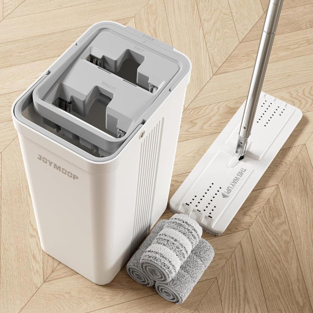 imageJOYMOOP Mop and Bucket Set with Wringer Dust Mops for Floor Cleaning Wall Cleaner with Long HandleWet and Dry Use 8 Microfiber Mop PadsWhite Bucket 2124 50 Flat Mop 3 Pads