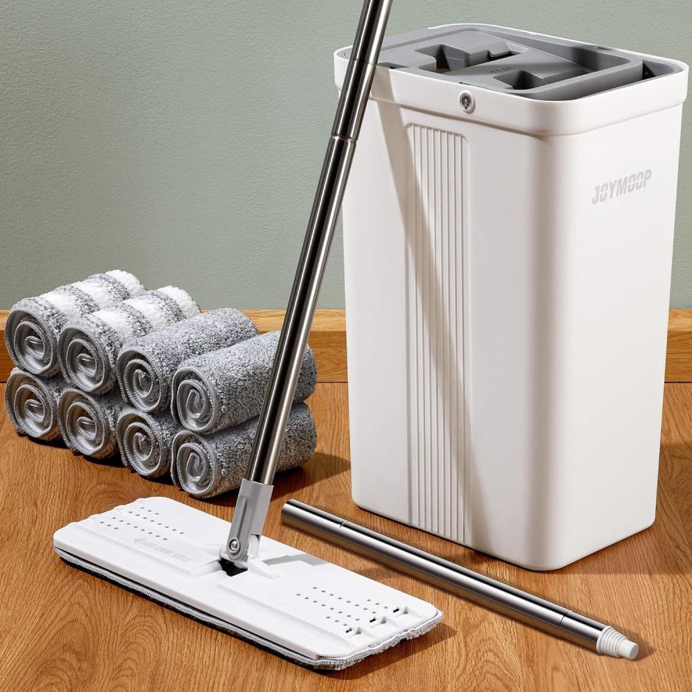 imageJOYMOOP Mop and Bucket Set with Wringer Dust Mops for Floor Cleaning Wall Cleaner with Long HandleWet and Dry Use 8 Microfiber Mop PadsWhite Bucket 2124 60 Flat Mop 8 Pads