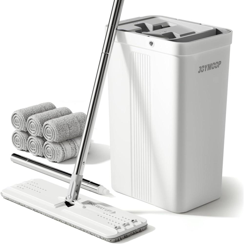 imageJOYMOOP Mop and Bucket Set with Wringer Dust Mops for Floor Cleaning Wall Cleaner with Long HandleWet and Dry Use 8 Microfiber Mop PadsWhite Bucket 2124 60 Flat Mop 6 Pads