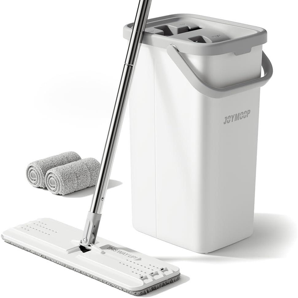 imageJOYMOOP Mop and Bucket with Wringer Set Hands Free Flat Floor Mop and Bucket 60quot Mop with 3 Reusable Microfiber Pads Wet and Dry Use Floor Cleaning SystemBucket 22  50 Mop  2 Grey Mop Pads