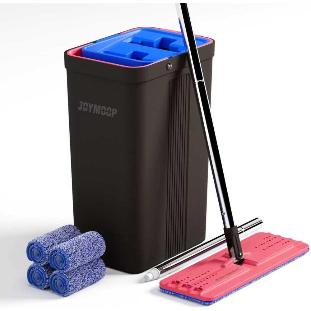 imageJOYMOOP Mop and Bucket with Wringer Set Hands Free Flat Floor Mop and Bucket with 4 Washable Microfiber Pads Wet and Dry Use Floor Cleaning System BlackRedSlate BlueBlack Red Slate Blue
