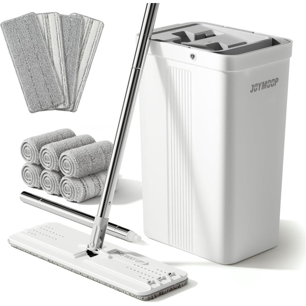 imageJOYMOOP Mop and Bucket with Wringer Set with 61quot Mop Handle with Flexible 13quot Flat Head with 10 pcs Microfiber Mop Pads White