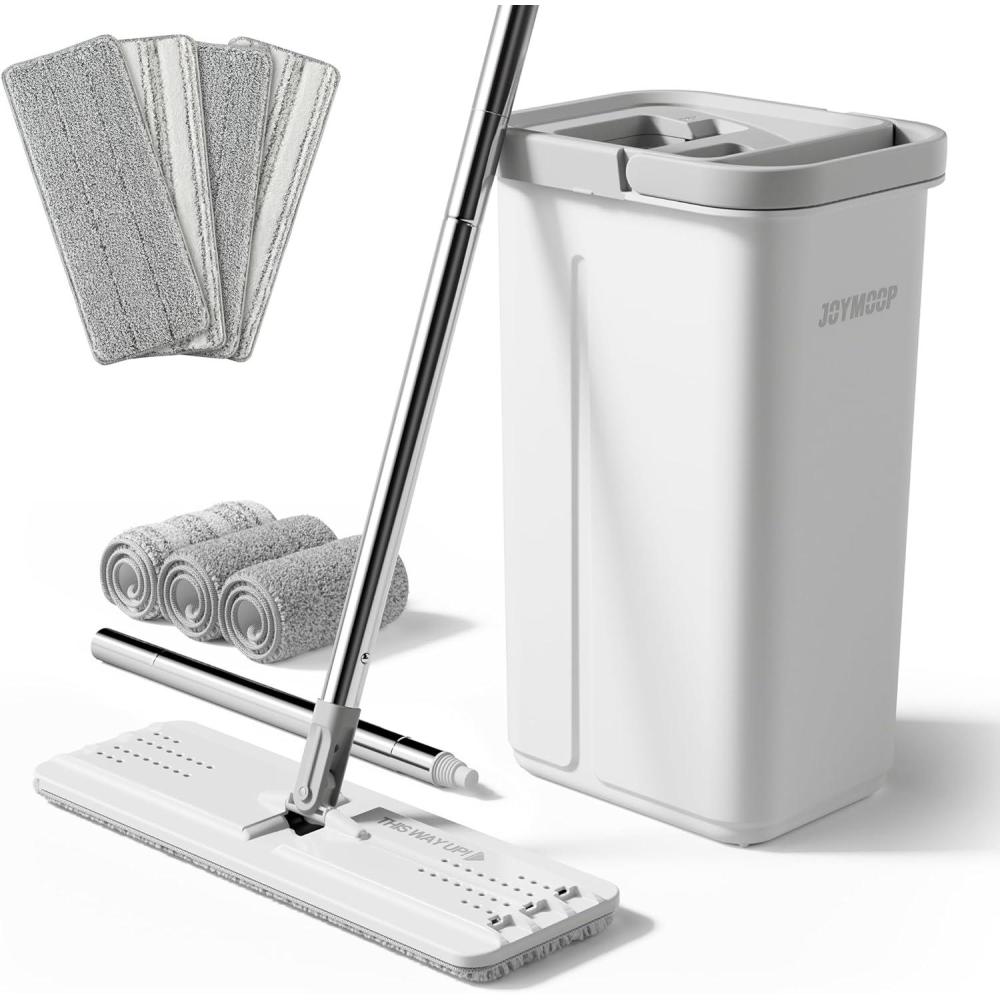 imageJOYMOOP Mop and Bucket with Wringer Set with 61quot Mop Handle with Flexible 13quot Flat Head with 7pcs Microfiber Mop Pads  White