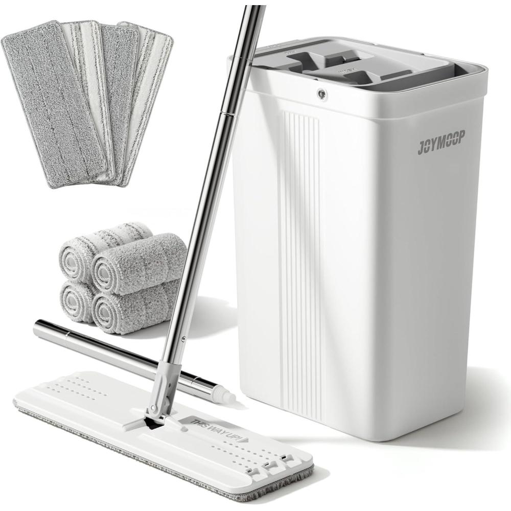 imageJOYMOOP Mop and Bucket with Wringer Set with 61quot Mop Handle with Flexible 13quot Flat Head with 8 pcs Microfiber Mop Pads  White