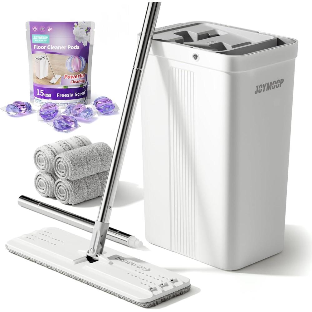 imageJOYMOOP Ultimate Floor Cleaning Bundle Flat Mop and Bucket Set with 4 Microfiber Pads with 15 Freesia Scented Cleaner Pods  MultiSurface Hardwood Tile and Wall Mop System