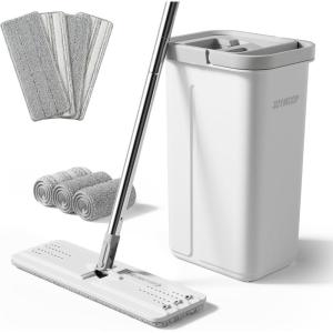 JOYMOOP 50-inch Floor Mop and Bucket Set, 13-inch Microfiber Flat Mop Replacement Pads, 7pcs, White
