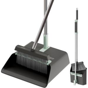 JOYMOOP Black Broom and Dustpan Set, Upright Angle Design with Built-in Comb Teeth for Home, Office, Hardwood Floors, Pet Hair(Black & Light Green)