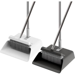 JOYMOOP Black Broom and Dustpan Set, Upright Angle Design with Built-in Comb Teeth for Home, Office, Hardwood Floors, Pet Hair(Black & White)