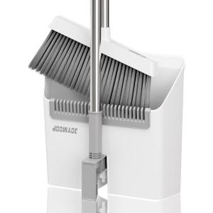 JOYMOOP Black Broom and Dustpan Set, Upright Angle Design with Built-in Comb Teeth for Home, Office, Hardwood Floors, Pet Hair(White & Grey)