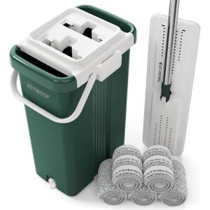 JOYMOOP Commercial Mop and Bucket Set, 17.7-inch Dust Mops for Floor Cleaning, Flat Mop Bucket with Wringer, Include 3 Reusable Microfiber Mop Pads – Forest Green(17.7″ Mop-head – 60″ Mop+5 Mop Pads)