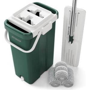 JOYMOOP Commercial Mop and Bucket Set, 17.7-inch Dust Mops for Floor Cleaning, Flat Mop Bucket with Wringer, Include 3 Reusable Microfiber Mop Pads – Forest Green(17.7″ Mop-head – 60″ Mop+3 Mop Pads)