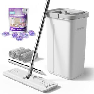JOYMOOP Complete Floor Cleaning Bundle: Hands-Free Flat Mop and Bucket Set with 3 Reusable Microfiber Pads with 15 Freesia Scented Cleaner Pods – Wet/Dry Use for All Floor Types