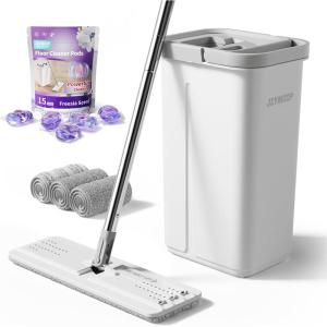 JOYMOOP Complete Floor Cleaning Bundle: Mop and Bucket Set with Wringer with 3 Washable Microfiber Pads and 15 Freesia Scented Cleaner Pods – Hands-Free Wet/Dry Floor Cleaning System