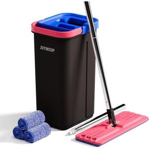 JOYMOOP Microfiber Flat Mop and Bucket System, Mops for Floor Cleaning and Wall Cleaner, Hardwood, Tile, Laminate, Vinyl Floors, Smooth Walls, and Glass Windows – 50″ Flat Mop+1 Microfiber Pad[White](Black & Red & Slate Blue)