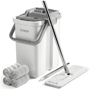 JOYMOOP Mop and Bucket Set with Wringer, Dust Mops for Floor Cleaning, Wall Cleaner with Long Handle,Wet and Dry Use – 8 Microfiber Mop Pads(Large White Bucket #2 + 60″ Flat Mop + 4 Pads)
