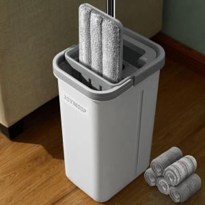 JOYMOOP Mop and Bucket Set with Wringer, Dust Mops for Floor Cleaning, Wall Cleaner with Long Handle,Wet and Dry Use – 8 Microfiber Mop Pads(Middle White Bucket #13 + 50″ Flat Mop + 5 Pads)