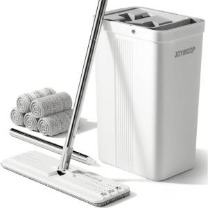 JOYMOOP Mop and Bucket Set with Wringer, Dust Mops for Floor Cleaning, Wall Cleaner with Long Handle,Wet and Dry Use – 8 Microfiber Mop Pads(White Bucket #2124 + 60″ Flat Mop + 5 Pads)