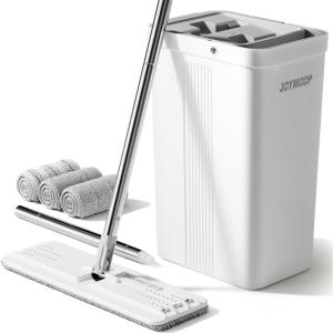 JOYMOOP Mop and Bucket Set with Wringer, Dust Mops for Floor Cleaning, Wall Cleaner with Long Handle,Wet and Dry Use – 8 Microfiber Mop Pads(White Bucket #2124 + 60″ Flat Mop + 3 Pads)