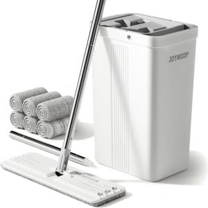 JOYMOOP Mop and Bucket Set with Wringer, Dust Mops for Floor Cleaning, Wall Cleaner with Long Handle,Wet and Dry Use – 8 Microfiber Mop Pads(White Bucket #2124 + 60″ Flat Mop + 6 Pads)
