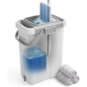 JOYMOOP Mop and Bucket Set with Wringer, Dust Mops for Floor Cleaning, Wall Cleaner with Long Handle,Wet and Dry Use – 8 Microfiber Mop Pads(White X-Large Bucket #5 + 60″ Flat Mop + 3 Pads)