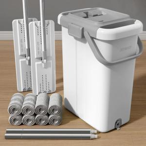 JOYMOOP Mop and Bucket Set with Wringer, Dust Mops for Floor Cleaning, Wall Cleaner with Long Handle,Wet and Dry Use – 8 Microfiber Mop Pads(White X-Large Bucket #5 + 60″ Dual Mops + 8 Pads)