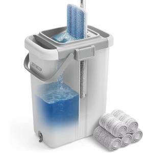 JOYMOOP Mop and Bucket Set with Wringer, Dust Mops for Floor Cleaning, Wall Cleaner with Long Handle,Wet and Dry Use – 8 Microfiber Mop Pads(White X-Large Bucket #5 + 60″ Flat Mop + 5 Pads)