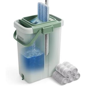 JOYMOOP Mop and Bucket Set with Wringer, Dust Mops for Floor Cleaning, Wall Cleaner with Long Handle,Wet and Dry Use – 8 Microfiber Mop Pads(X-L Green Bucket #5 + 60″ Flat Mop + 5 Pads)