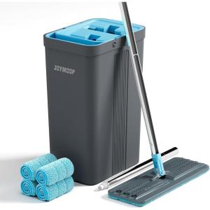 JOYMOOP Mop and Bucket Set with Wringer, Mops for Floor Cleaning, Wall Mop Cleaner with Long Handle, with 4 Reusable Microfiber Mop Pads – Grey+Cyan Blue(Turquoise-cyan & Muted Grey)