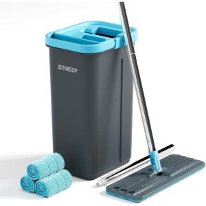 JOYMOOP Mop and Bucket Set with Wringer, with 3 Reusable Microfiber Mop Pads, Mops for Floor Cleaning and Wall Cleaning, Hands-Free Flat Mop for Home Use – Grey+Cyan Blue(Turquoise-cyan & Muted Grey)