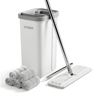 JOYMOOP Mop and Bucket with Wringer Set, Hands Free Flat Floor Mop and Bucket, 60″ Mop with 3 Reusable Microfiber Pads, Wet and Dry Use, Floor Cleaning System(Middle Bucket #13 + 60″ Flat Mop + 5 Pads)